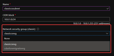 Page of creating subnet in classic Virtual Network manually
