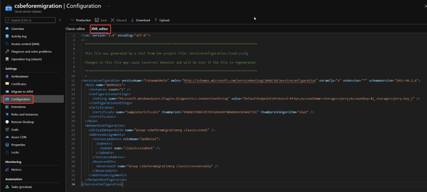 .cscfg configuration of classic Cloud Service