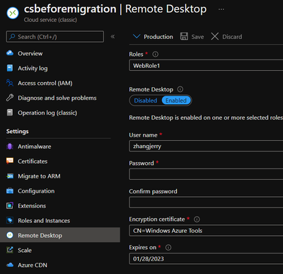 RDP setting of classic Cloud Service