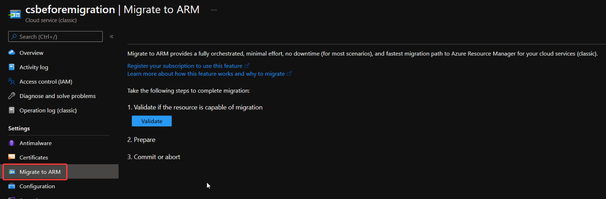 In-place migration page in Azure Portal