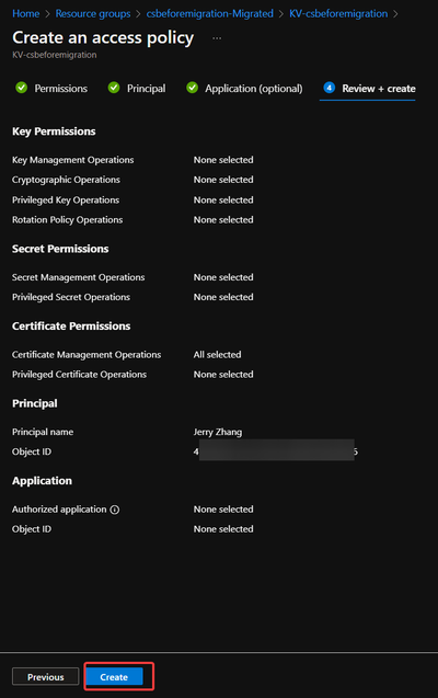 Validation page of creating a new access policy