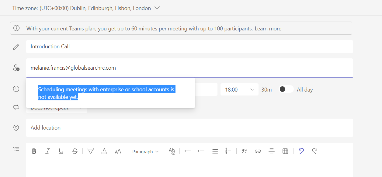 Getting Error in Scheduling a Meeting | Microsoft Community Hub