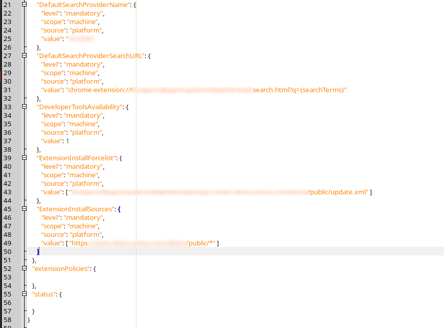 Exported JSON (extensionPolicies is empty)