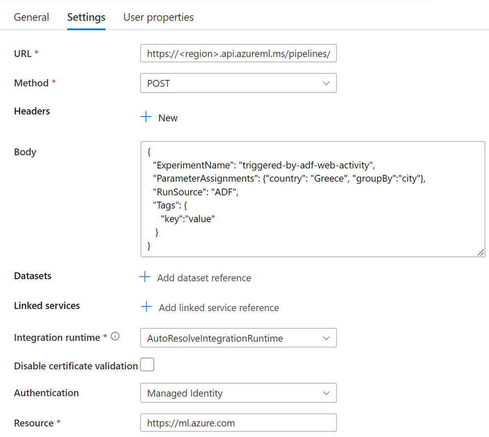 Web activity configuration