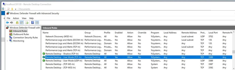 Windows Firewall settings of the Azure VM operating system allowing RDP