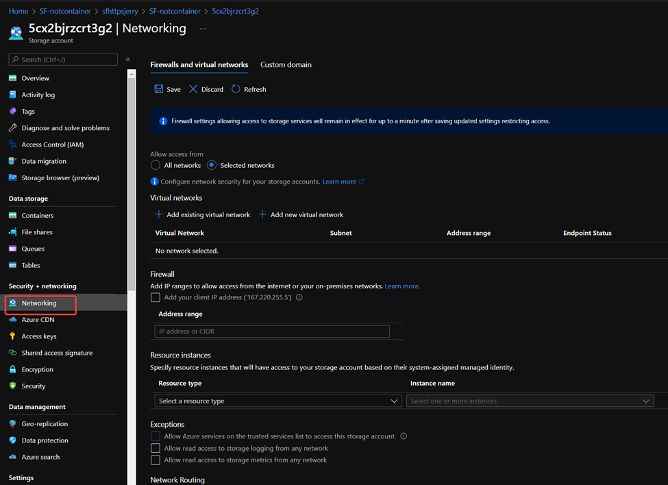 Networking page of storage account in Azure Portal