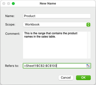 screen shot of the New Name dialog in Excel for Mac