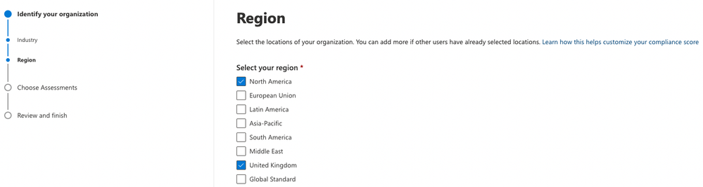 Region selection screen in recommended assessment wizard