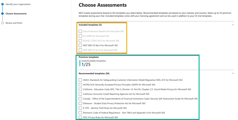 Choose assessment window with included templates highlighted by a yellow box and premium templates indicated by a teal box