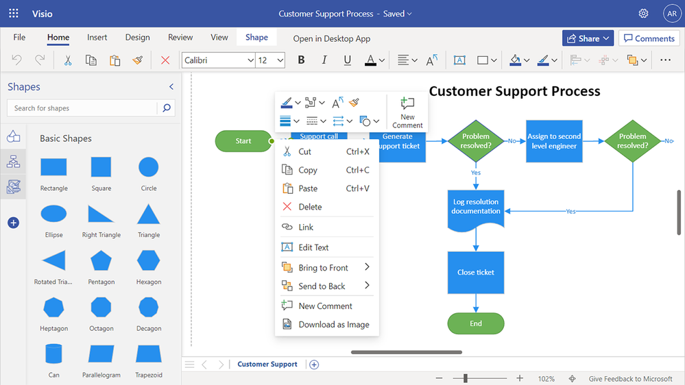 Example of user options available on the floating context menu, such as copy, paste, delete and more