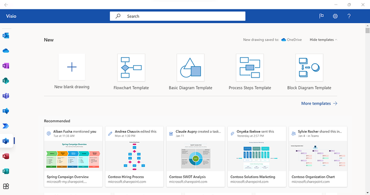 Example of the modern landing page in Visio in the Office desktop app - Showing template options and a Recommended section