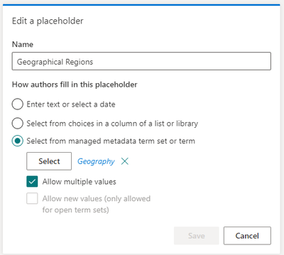 Taxonomy field placeholders in content assembly