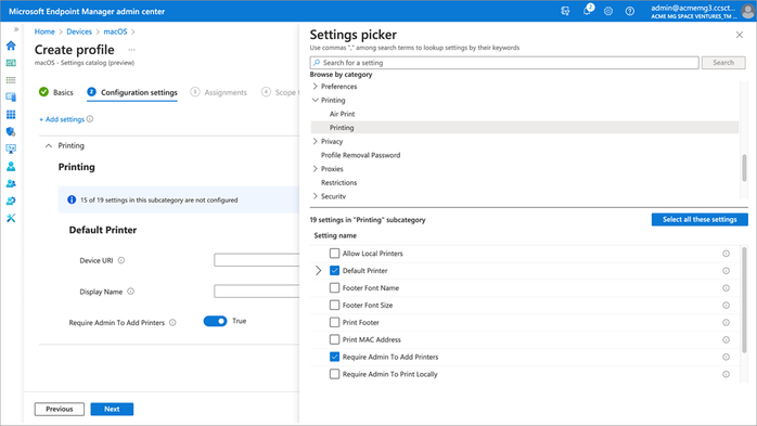 Screenshot of a Settings catalog example with printing options selected