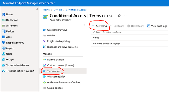 Screenshot showing how the Azure AD terms of use acceptance is built into the modern authentication enrollment flow in Setup Assistant.