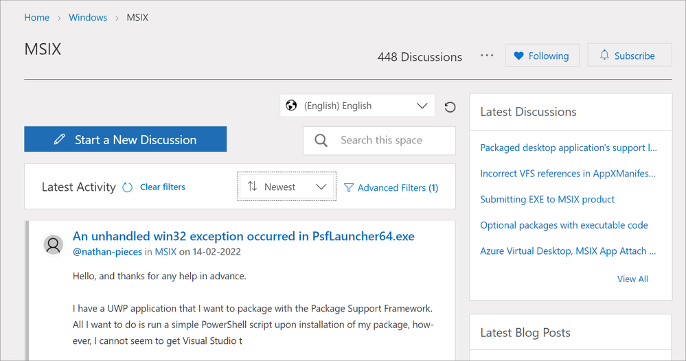 Screenshot of the MSIX discussion space in the Windows community