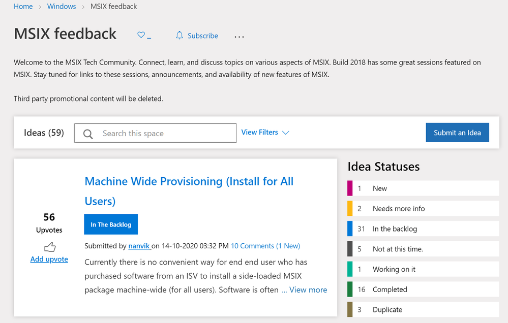 Screenshot of the MSIX feedback board