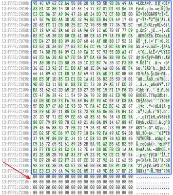 Figure 8. The decryption blob was found, but it’s not at the end/tail of the file as it’s supposed to be