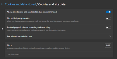 Edge cookies and site data settings