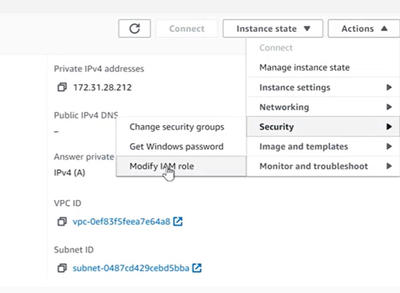 Modify IAM role menu option on an AWS machine