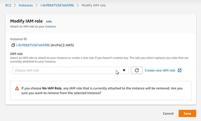 Options window for attaching an IAM role to your AWS instance