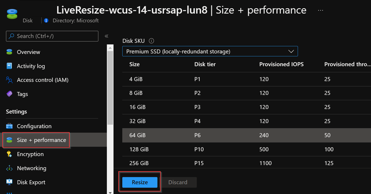 Figure 1 - Example of a disk resize via Azure Portal