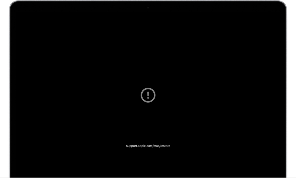 Screenshot of a macOS black screen with a warning (!) icon and the text “support.apple.com/mac/restore".