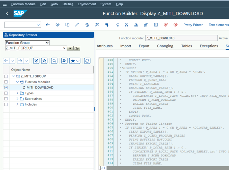 Screenshot of ABAP function for metadata extraction