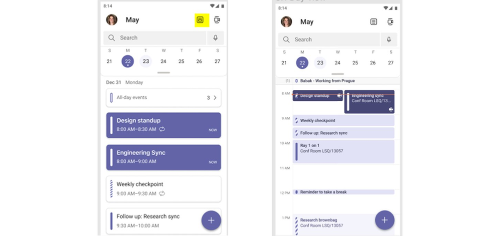 On the left is calendar view, and on the  right is day view. Switch between views from the icon on the top right corner, next to the camera.