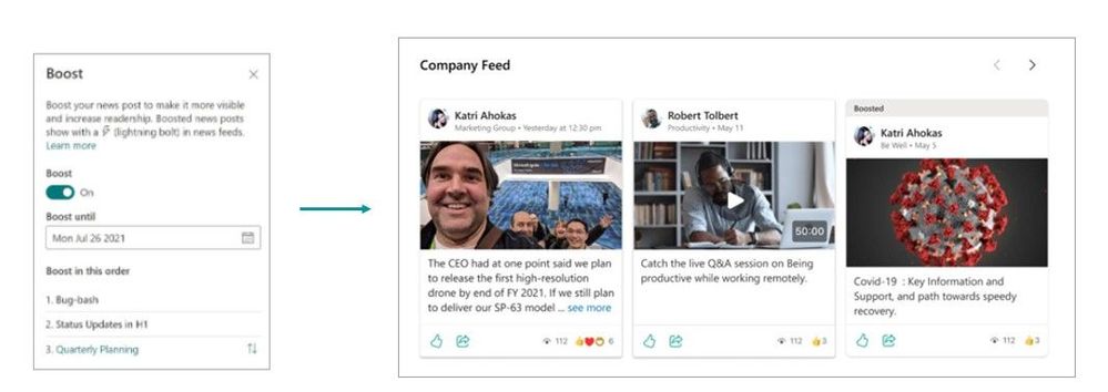 Boost your internal communications, pushing important news and communications to the top of your Company feed in Viva Connections.