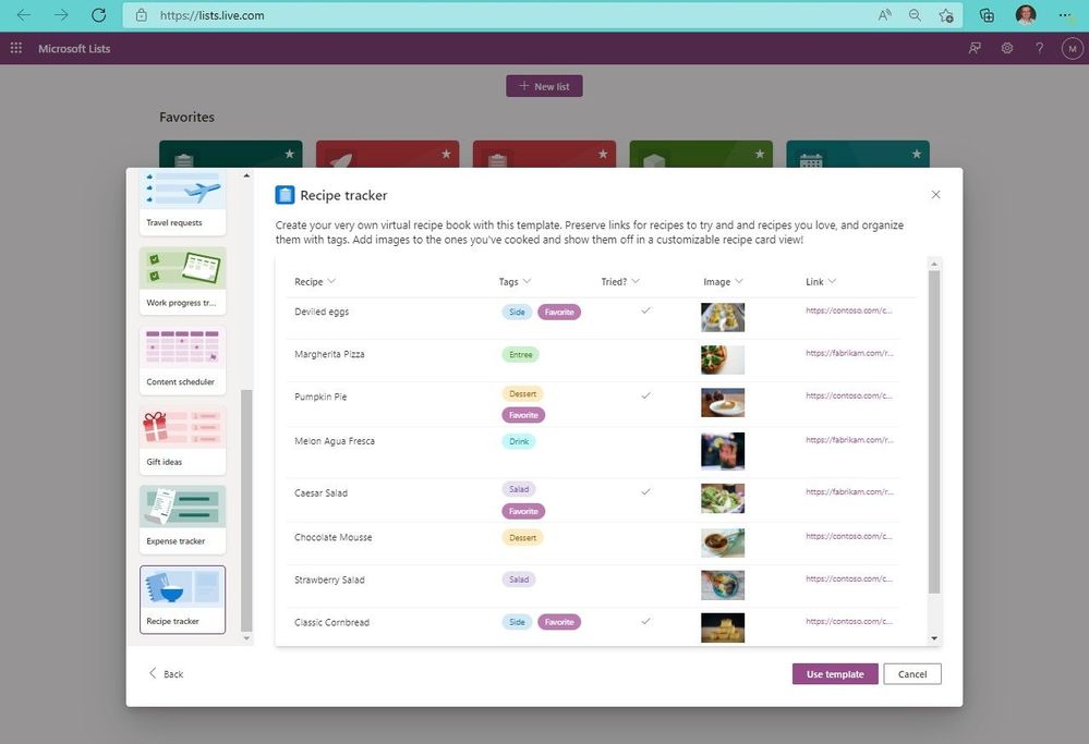 Three new list templates have been added to the Microsoft Lists - MSA Preview, above showing the new 'Recipe tracker' template.