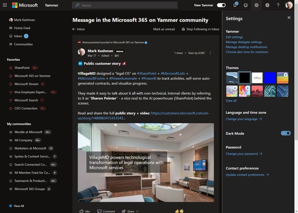 You can now select 'Dark Mode' from within the New Yammer personal settings pane.