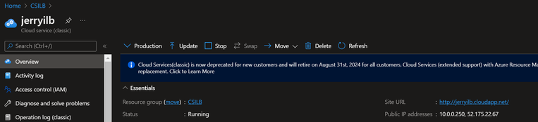 Overview page of classic Cloud Service with Internal Load Balancer
