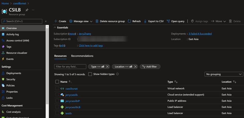 Public and Internal Load Balancer of CSES in resource group page