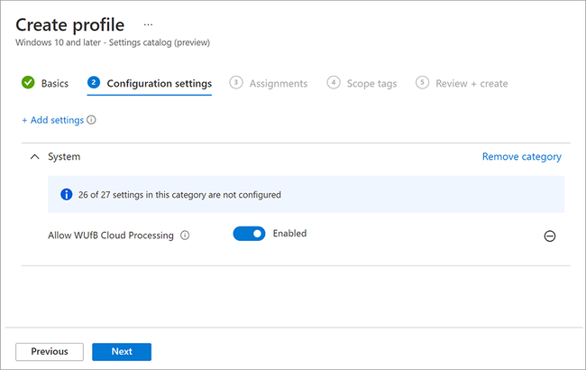 A screen shot of the Microsoft Endpoint Manager, showing recommended options to Create profile. In Configuration settings, a setting is added and toggled to Enabled next to the correct policy, called Allow WUfB Cloud Processing.