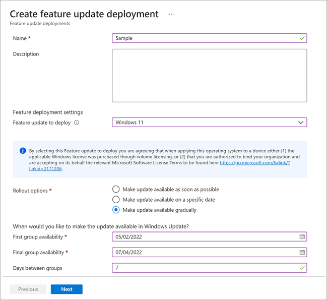 A screenshot of the Intune interface, showing options to Create feature update deployment. Under Rollout options, the bottom radio button is selected, which reads Make updates available gradually.