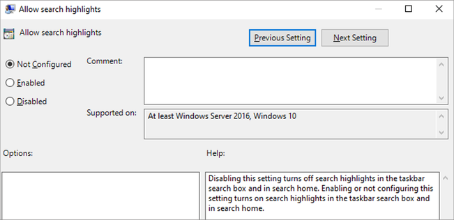 Screenshot of the policy editor where you can configure, enable, and disable search highlights for a Windows 10 device via Group Policy