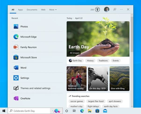 Screenshot of Search on the taskbar of a Windows 10 devices showing an experience for Earth Day