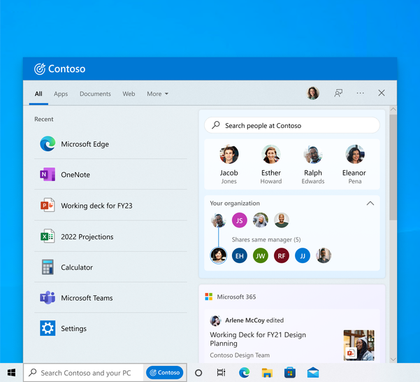 Screenshot of Search on the taskbar of a Windows 10 devices showing an experience for an organization called Contoso