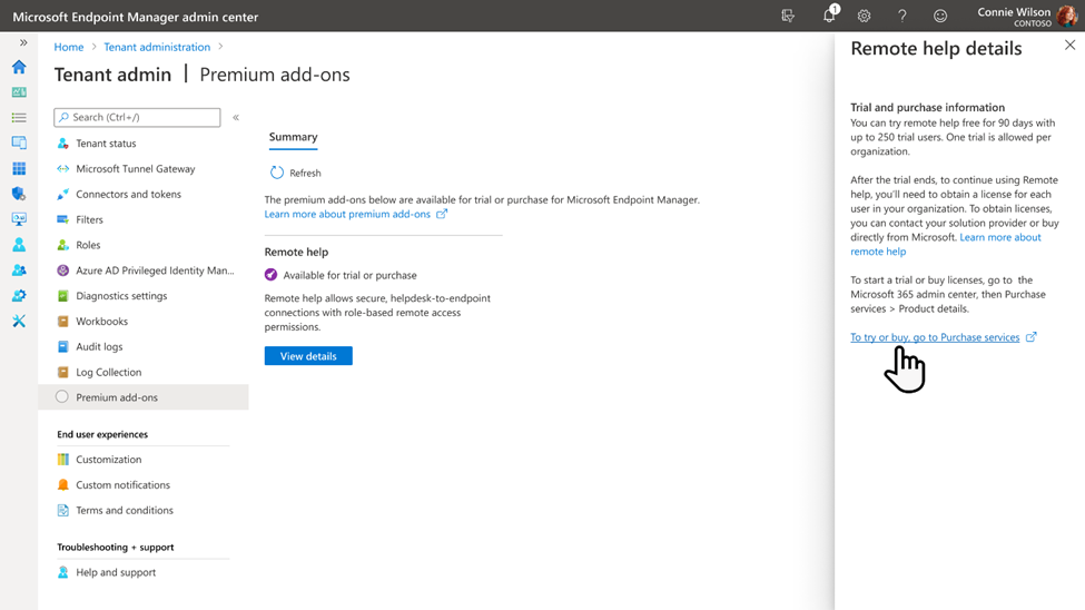 Learn more about premium add-ons from a centralized experience in the Endpoint Manager admin center, starting with remote help