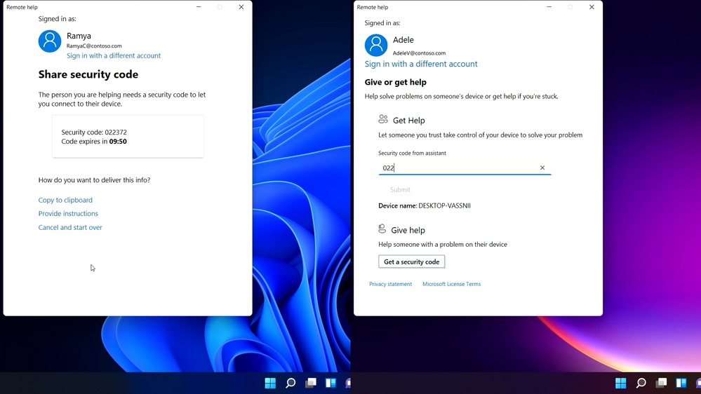 Remote help verifies explicitly with a security code exchange between helper and Windows user
