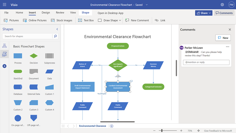 Example of a posted comment using the @mention feature in Visio for the web.