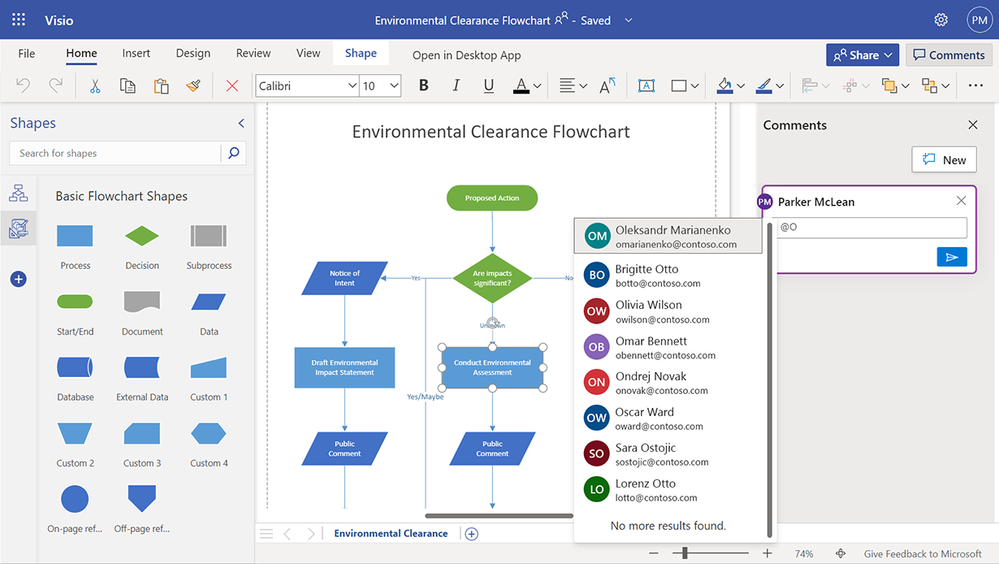 Example of a list of names that auto-populates when using the @mention feature in Visio for the web.