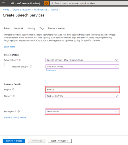 Creating a Speech resource