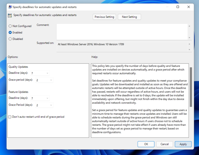 Specifying deadlines for automatic updates and restarts through policy