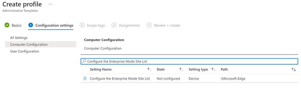 Create profile - configure settings