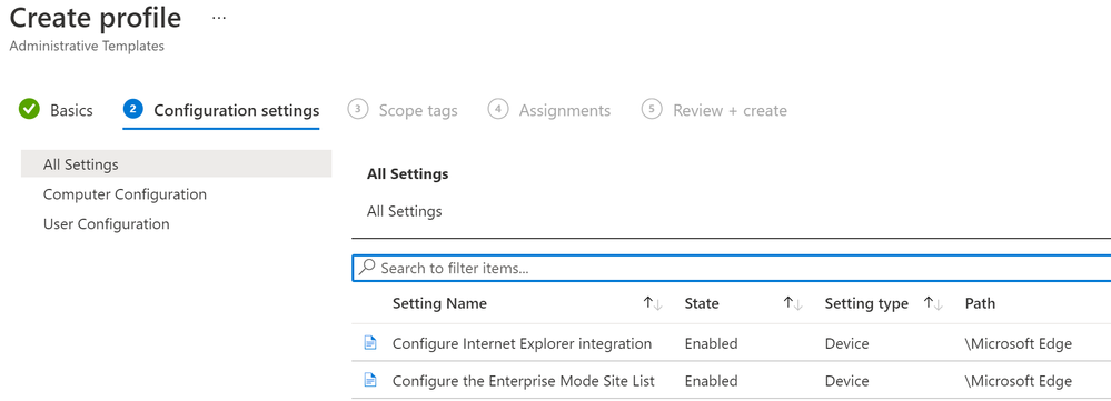 Configured settings