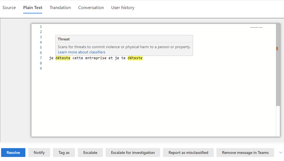 View of machine learning model highlighting when investigating a policy violation