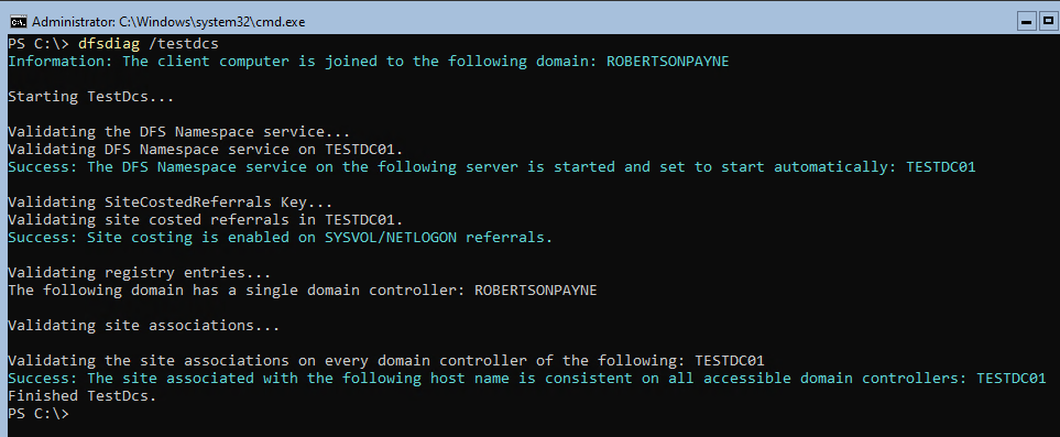 dfsdiag running against a forest with a single domain controller.