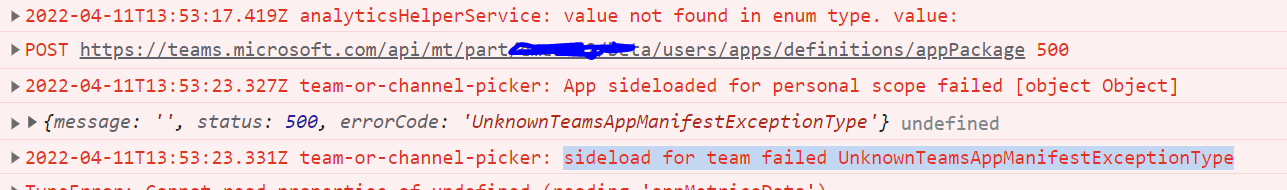 sideload for team failed UnknownTeamsAppManifestExceptionType error ...