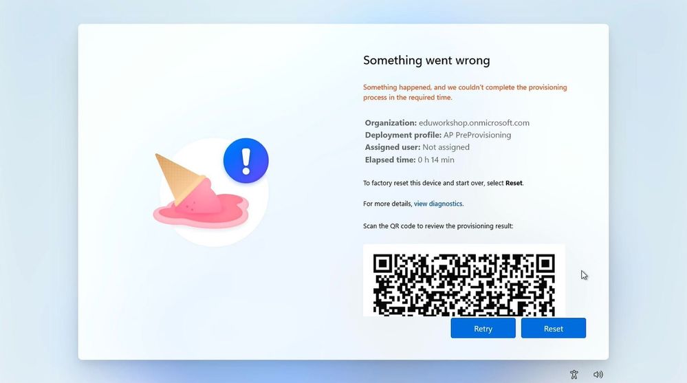 Screenshot of the Enrollment Status Page (ESP) with text reading "Something went wrong": Something happened, and we couldn't complete the provisioning process in the required time".